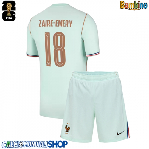 Maglie da calcio Francia Warren Zaire-Emery #18 Seconda Maglia Bambino Mondiali 2026  Manica Corta + Pantaloni corti)